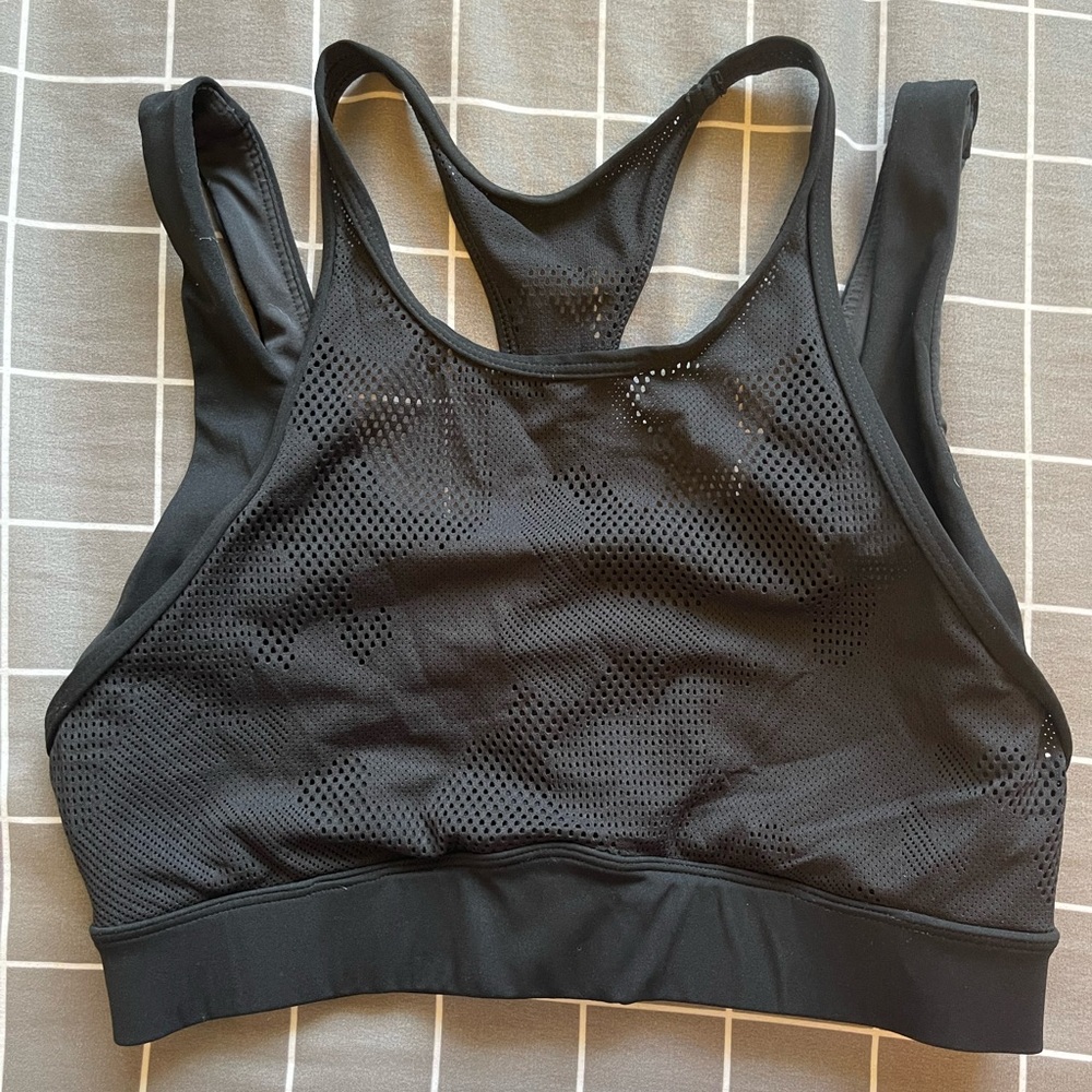 Black luxe and camo mesh sports bra.
